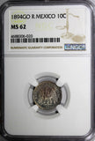 Mexico SECOND REPUBLIC Silver 1894 GO R 10 Centavos NGC MS62 Toned KM# 403.5