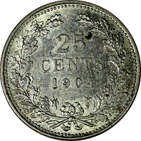 Netherlands Wilhelmina I Silver 1904 25 Cents 19mm XF Condition KM# 120.2 (647)