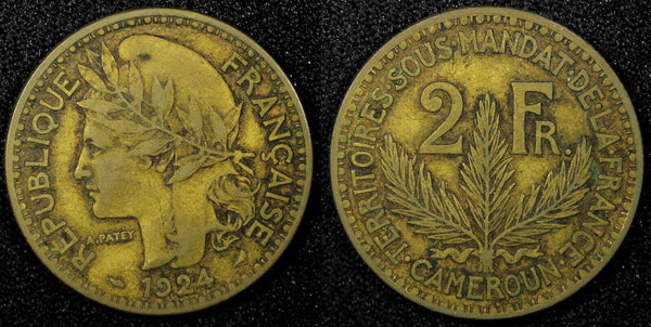 Cameroon Aluminum-Bronze 1924 2 Francs Paris Mint 27mm KM# 3 (22 919)