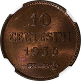 San Marino 1936-R 10 Centesimi NGC MS65 RB Lowest Mintage Type -300,000 KM# 13