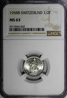 Switzerland Silver 1958 B 1/2 Franc Standing Helvetia NGC MS63 KM# 23 (002)