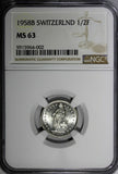 Switzerland Silver 1958 B 1/2 Franc Standing Helvetia NGC MS63 KM# 23 (002)