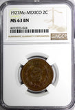 Mexico ESTADOS UNIDOS MEXICANOS Bronze 1927 Mo 2 Centavos NGC MS63 BN KM# 419