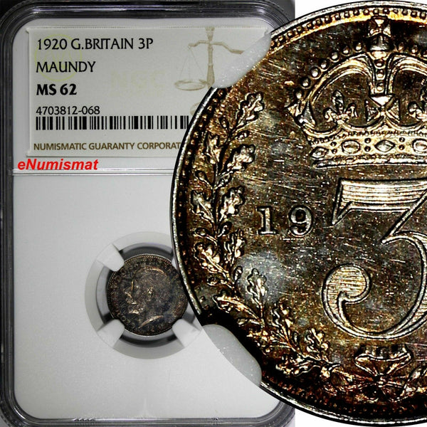 GREAT BRITAIN George V 1920  3 Pence Maundy NGC MS62 Rainbow Toned KM# 813 (68)
