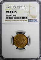 NORWAY Bronze 1960 2 ORE NGC MS64 BN BETTER DATE 1 COIN GRADED HIGHER KM# 410
