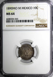 Mexico SECOND REPUBLIC Silver 1890 MO M 10 Centavos NGC MS64 NICE TONED KM#403.7
