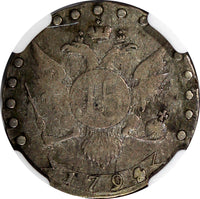 Russia Catherine II Silver 1794/3 SPB 15 Kopecks NGC VF20 TOP GRADED RARE C# 62c