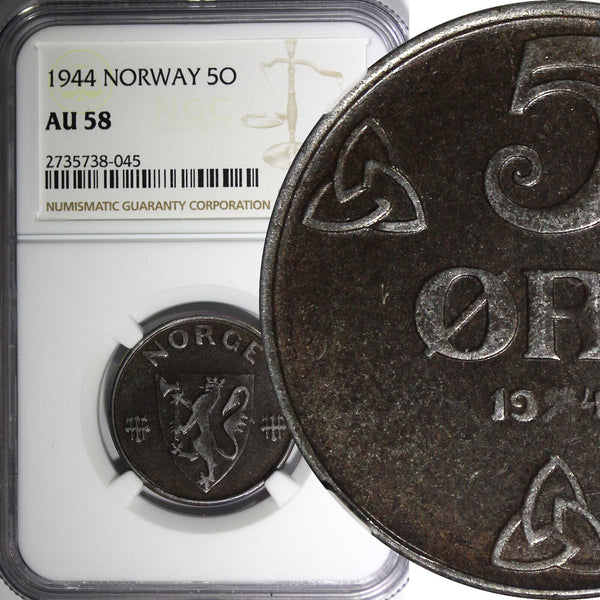 Norway Haakon VII Iron 1944 5 Ore NGC AU58 WWII Issue KM# 388 (045)