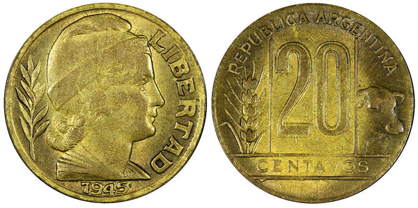 Argentina Aluminum-Bronze 1945 20 Centavos Buenos Aires Mint  XF+ KM# 42 ( 266)