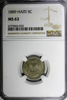 Haiti Copper-Nickel 1889 5 Cents 1 YEAR TYPE Mint-100,000 NGC MS63 RARE KM#50(5)