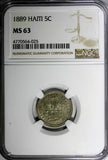 Haiti Copper-Nickel 1889 5 Cents 1 YEAR TYPE Mint-100,000 NGC MS63 RARE KM#50(5)
