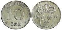 SWEDEN Gustaf V Silver 1917 W 10 Öre  WWI ISSUE KM# 780 (21 910)