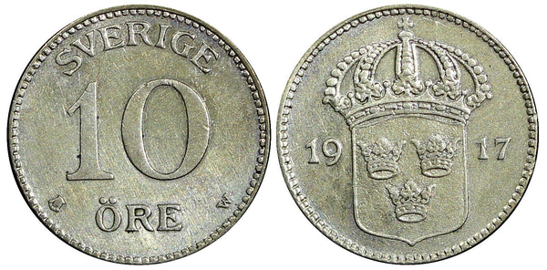 SWEDEN Gustaf V Silver 1917 W 10 Öre  WWI ISSUE KM# 780 (21 910)