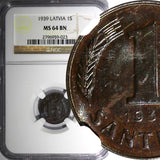 Latvia Bronze 1939 1 Santims NGC MS64 BN Rainbow Toned KM# 10 (023)