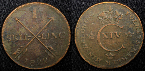 SWEDEN Carl XIV Johan Copper 1822 1 Skilling Mintage-520,000 KM# 597 (554)