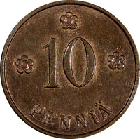Finland Copper 1934 10 Penniä Helsinki Mint  UNC Condition KM# 24 (17 426)