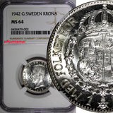 SWEDEN Gustaf V Silver 1942 G 1 Krona NGC MS64 KEY DATE RARE KM# 786.2 (2)