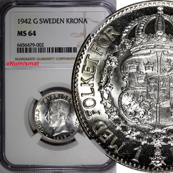 SWEDEN Gustaf V Silver 1942 G 1 Krona NGC MS64 KEY DATE RARE KM# 786.2 (2)