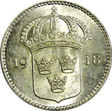 SWEDEN Gustaf V Silver 1918 W 10 Öre Light Toned UNC KM# 780 (22 137)