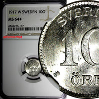 SWEDEN Gustaf V Silver 1917-W 10 Ore NGC MS64+ "PLUS" WWI Issue KM#780 (137)