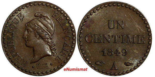 France Bronze 1849 A 1 Centime PARIS aUNC KM# 754 (14 022)