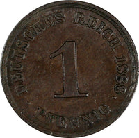 Germany - Empire Wilhelm I Copper 1888 J 1 Pfennig VF/XF  KM# 1 (19 650)