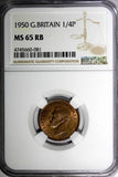 Great Britain George VI Bronze 1950 Farthing NGC MS65 RB KM# 867 (081)