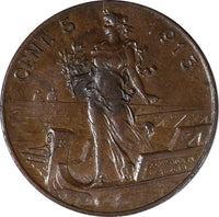 Italy Vittorio Emanuele III Bronze 1913 R 5 Centesimi dot after "D" KM# 42 (319)