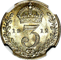GREAT BRITAIN George V Silver 1912 3 Pence MAUNDY NGC MS62 KM# 813