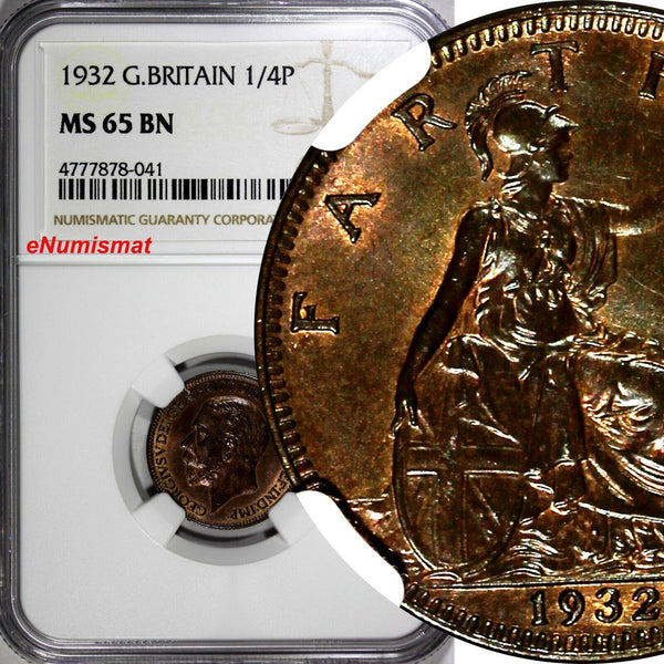 Great Britain George V (1910-1936) Bronze 1932 Farthing NGC MS65 BN KM# 825(041)