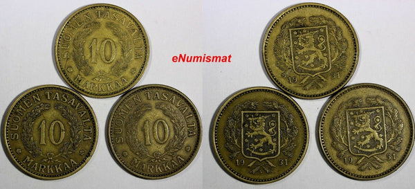 Finland Aluminum-Bronze LOT OF 3 COINS 1931 10 Markkaa KM# A32 (15 461)