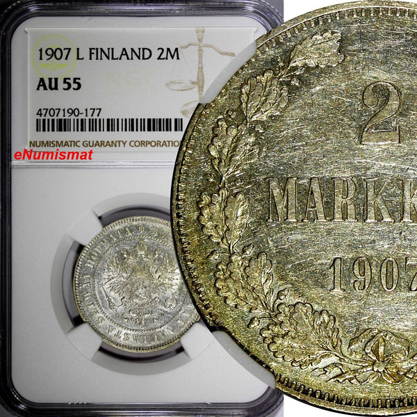 Finland Nicholas II Silver 1907 L 2 Markkaa NGC AU55 Mintage-125,000 KM# 7.2 (7)
