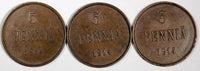 Finland Nicholas II Copper LOT OF 3 COINS 1914 5 Pennia KM# 15 (18 123)