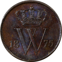 Netherlands William III Copper 1875 Broadaxe 1 Cent Choice XF KM# 100 (10 202)