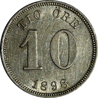 SWEDEN Oscar II Silver 1898 EB 10 Ore XF+ KM# 755 (15 525)