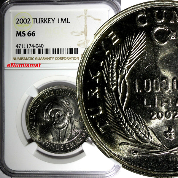 Turkey Yunus Emre Copper-Nickel 1 000 000 Lira NGC MS66  GEM BU KM# 1163 (040)