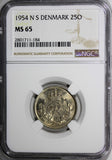 DENMARK Frederik IX 1954 N S  25 Ore NGC MS65 LIGHT TONING 23mm KM# 842.1 (184)