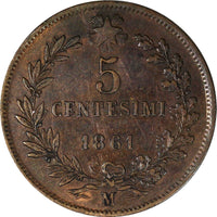 Italy Vittorio Emanuele II Copper 1861 M 5 Centesimi Milano Mint VF/XF KM#3.2(4)