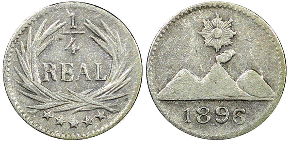 Guatemala Silver 1896  1/4 Real Radiant sun 3 volcanoes KM# 162 (22 682)