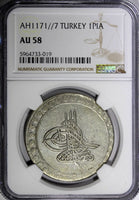 TURKEY Mustafa III Silver AH1171//7 (1764) Piastre NGC AU58 TOP GRADED KM# 321.1
