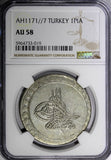 TURKEY Mustafa III Silver AH1171//7 (1764) Piastre NGC AU58 TOP GRADED KM# 321.1