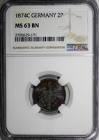 Germany-Empire Wilhelm I Copper 1874-C 2 Pfennig NGC MS63 BN Nice Glossy KM2/171
