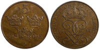 Sweden Gustaf V Bronze 1915 5 Öre XF KM# 779.2 (20 618)