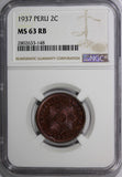 Peru 1937 2 Centavos NGC MS63 RB Nice Toning Low Mintage-963,000 KM# 212.1 (148)