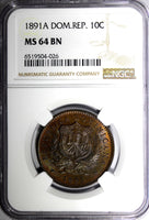 Dominican Republic Bronze 1891 A 10 Centesimos Toning NGC MS64 BN KM# 9 (26)