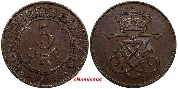 Denmark Frederik VIII Bronze 1907 VBP; GJ  5 Ore aUNC Condition KM# 806 (9755)