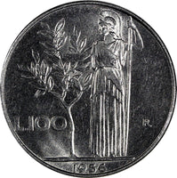 Italy Stainless Steel 1956 R 100 Lire large type UNC KM# 96.1 (20 360)
