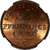 Germany PRUSSIA Wilhelm I 1868 C 2 Pfennig NGC MS65 RB TOP GRADED KM# 481 (028)