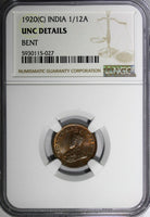 India-British George V Bronze 1920 (C) 1/12 Anna NGC UNC DETAILS KM# 509 (027)