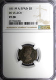 Spain Napolean I Silver 1811 M 2 Reales SCARCE NGC VF20 TOP GRADED KM# 550 (006)